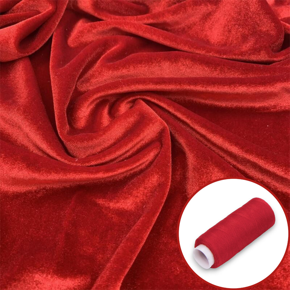 Тканина оксамит стрейч LuxFabric поліестер 400 г/м² 1,65 м 1 м + Нитка поліестер 360 м 1 шт. Червоний